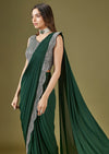 Dark Green Ready Pleated Saree With Mirror Embellished Blouse