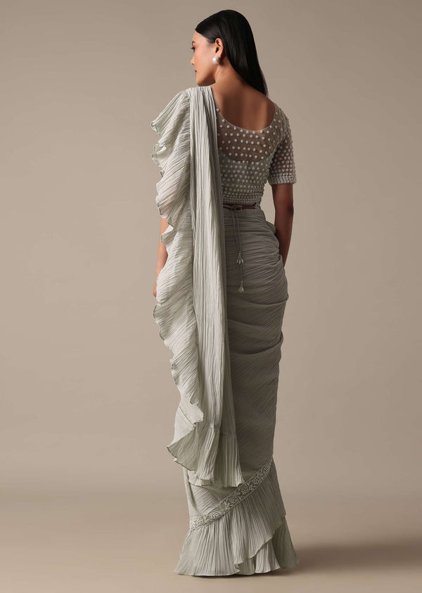 Elegant Grey Readymade Saree With Stitched Blouse