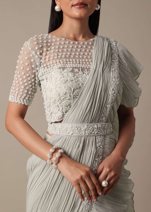 Elegant Grey Readymade Saree With Stitched Blouse