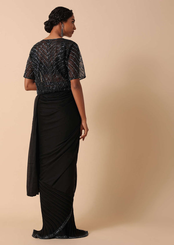 Elegant Pre Stitched Black Georgette Saree Set