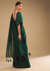 Emerald Green Ready To Wear Saree In Georgette With Bell Sleeves Crop Top And Chunky Embroidered Belt