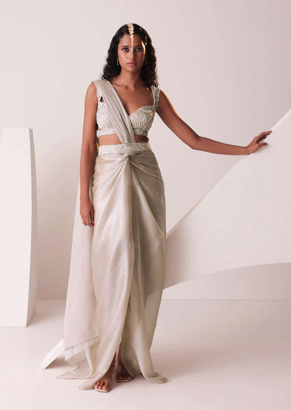 Glam Silver Embroidered Ready To Wear Saree In Organza