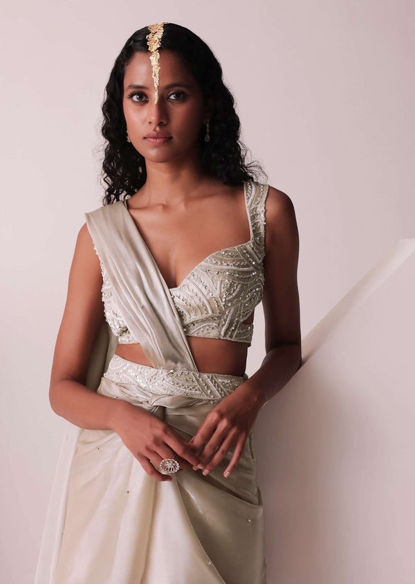 Glam Silver Embroidered Ready To Wear Saree In Organza