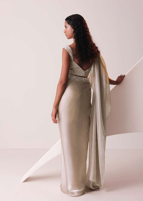 Glam Silver Embroidered Ready To Wear Saree In Organza