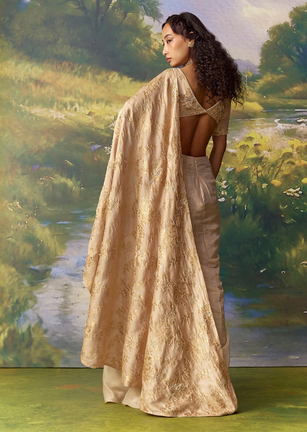 Gold Banarasi Silk Ready Pleated Saree And Blouses