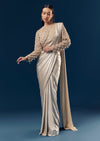 Gold Ready Pleated Saree With Full Sleeve Pearl Detailed Blouse