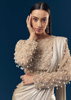 Gold Ready Pleated Saree With Full Sleeve Pearl Detailed Blouse