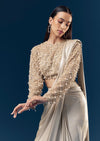 Gold Ready Pleated Saree With Full Sleeve Pearl Detailed Blouse