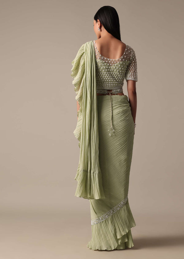 Graceful Green Pre Drape Saree With Ready Made Blouse