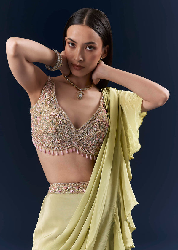 Green Crepe Ready Pleated Saree With Intricate Embroidery