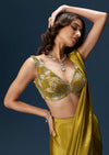 Green Drape Saree With V Neck Blouse And Belt