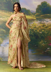 Green Organza Printed Draped Corset Saree