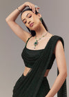 Green Satin Ready Pleated Indo Western Saree With Stone Detail Work