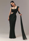 Green Satin Ready Pleated Indo Western Saree With Stone Detail Work