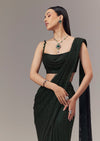 Green Satin Ready Pleated Indo Western Saree With Stone Detail Work