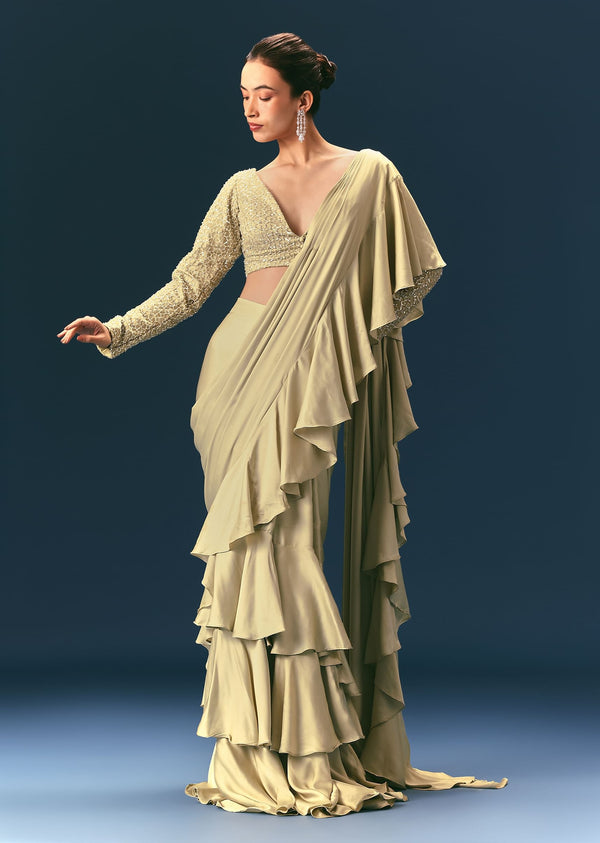 Green Frill Ready To Wear Saree With Embellished Blouse