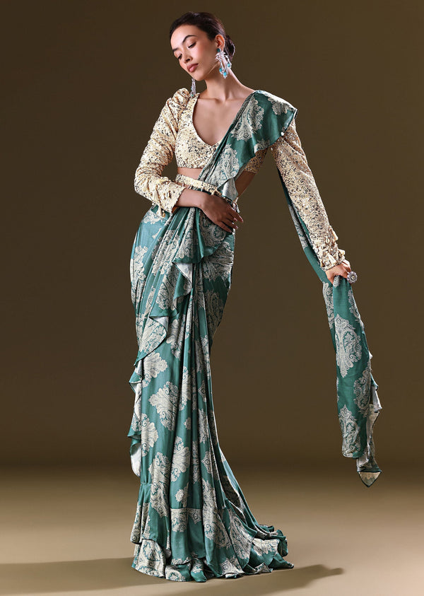 Green Pre Stitched Frill Saree With Backless Dori Blouse
