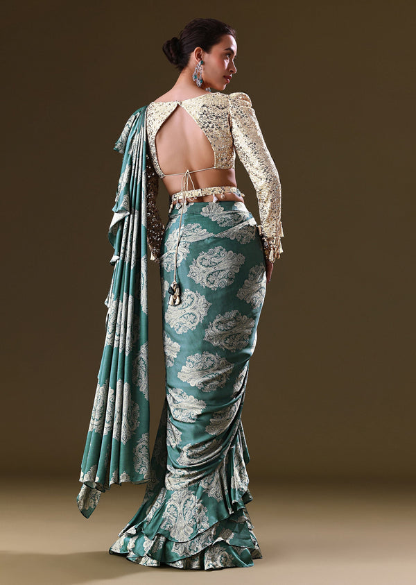 Green Pre Stitched Frill Saree With Backless Dori Blouse