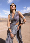 Grey Lycra Ready Pleated Saree And Halter Neck Blouse