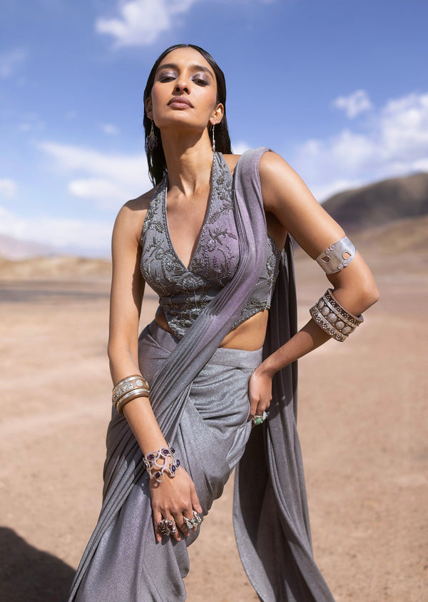 Grey Lycra Ready Pleated Saree And Halter Neck Blouse