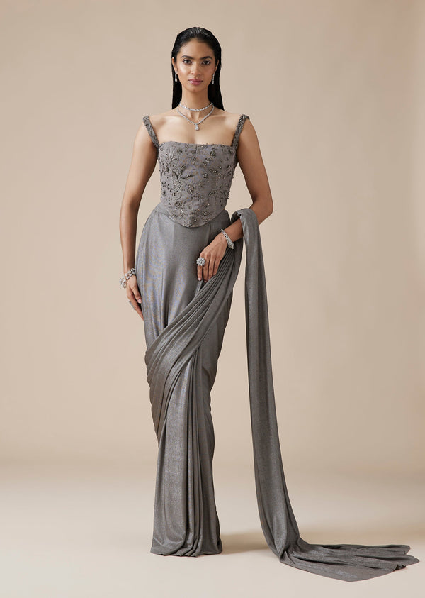 Grey Lycra Ready Pleated Saree