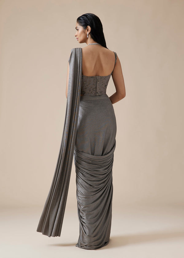 Grey Lycra Ready Pleated Saree