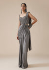 Grey Ready Pleated Saree With Crystal Geometric Styled Blouse