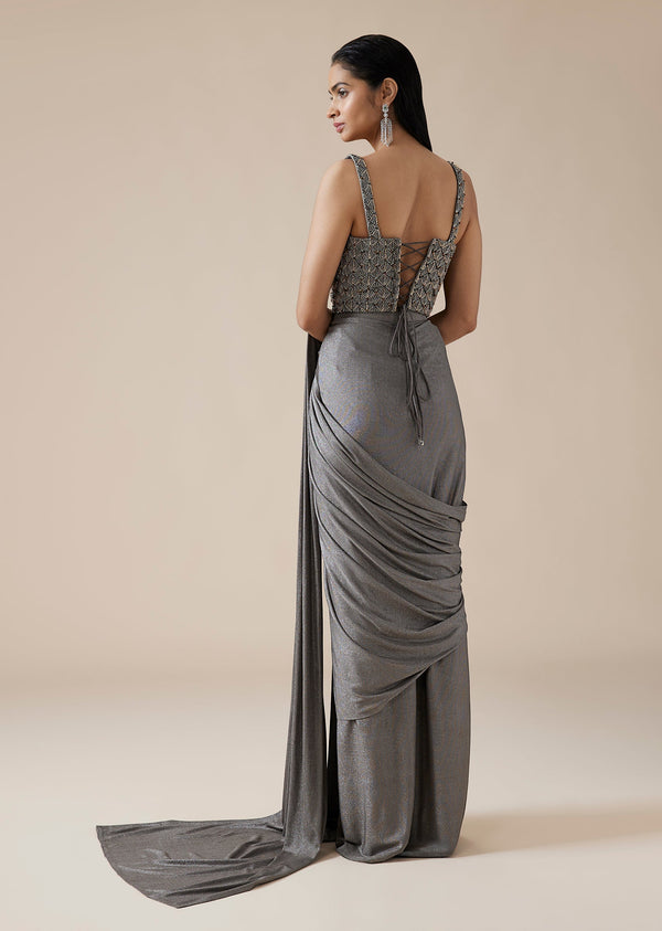 Grey Ready Pleated Saree With Crystal Geometric Styled Blouse