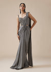 Grey Ready Pleated Saree With Crystal Geometric Styled Blouse