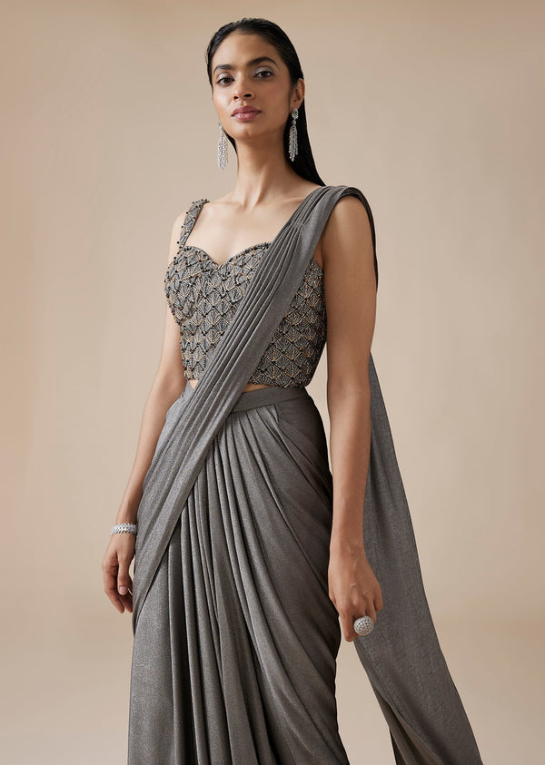 Grey Ready Pleated Saree With Crystal Geometric Styled Blouse