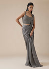 Grey Ready Pleated Saree With Crystal Geometric Styled Blouse