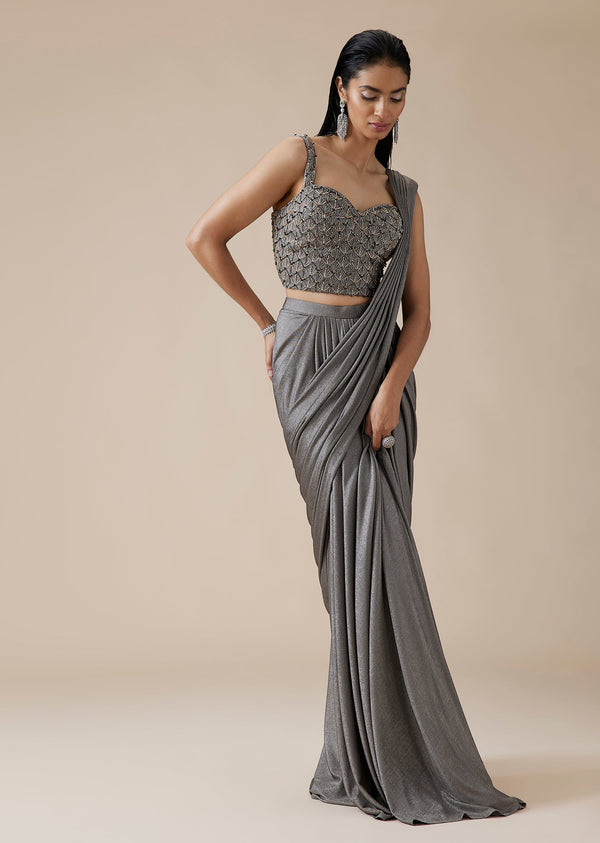 Grey Ready Pleated Saree With Crystal Geometric Styled Blouse