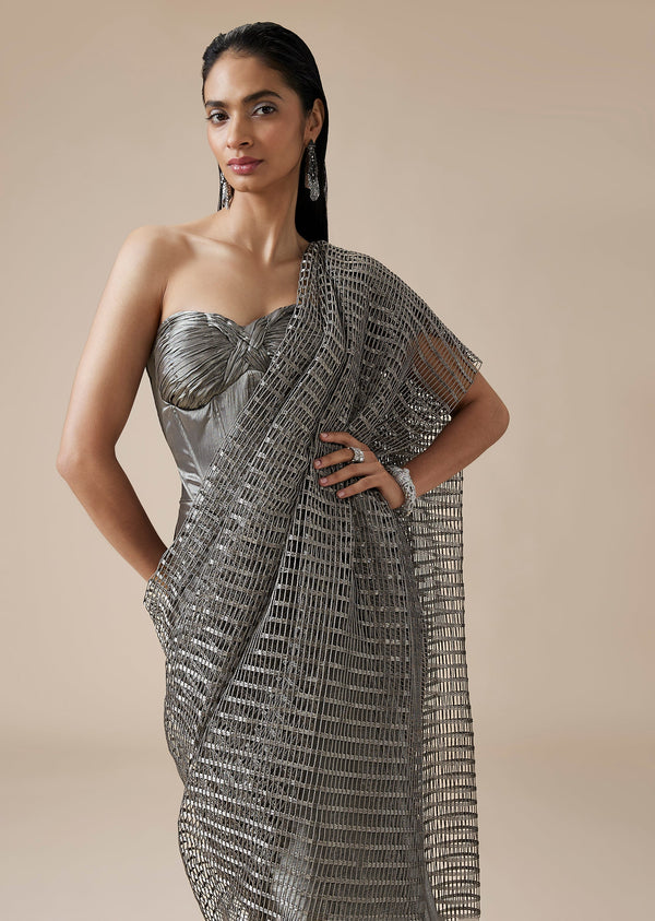 Grey Ruched Ready Pleated Saree