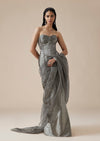 Grey Ruched Ready Pleated Saree