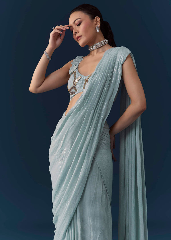 Ice Blue Pre Pleated Saree with Sequin Embellished Blouse