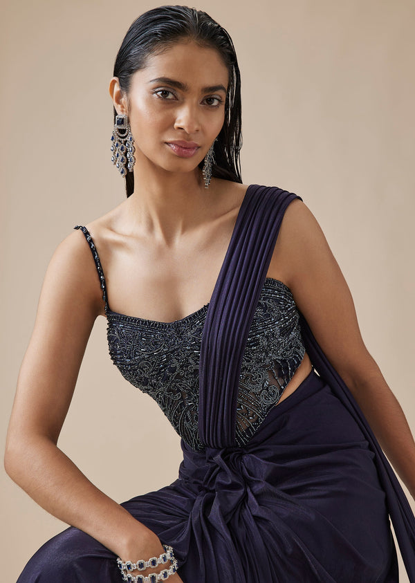 Indigo Blue Ready Pleated Saree With Tonal Embroidered Blouse