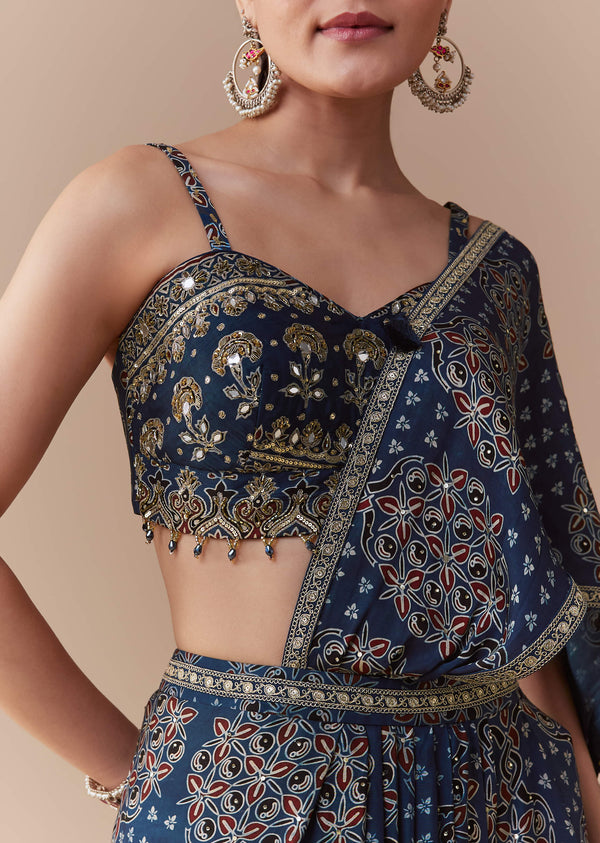 Indigo Ready Pleated Ajrakh Print Saree with Blouse