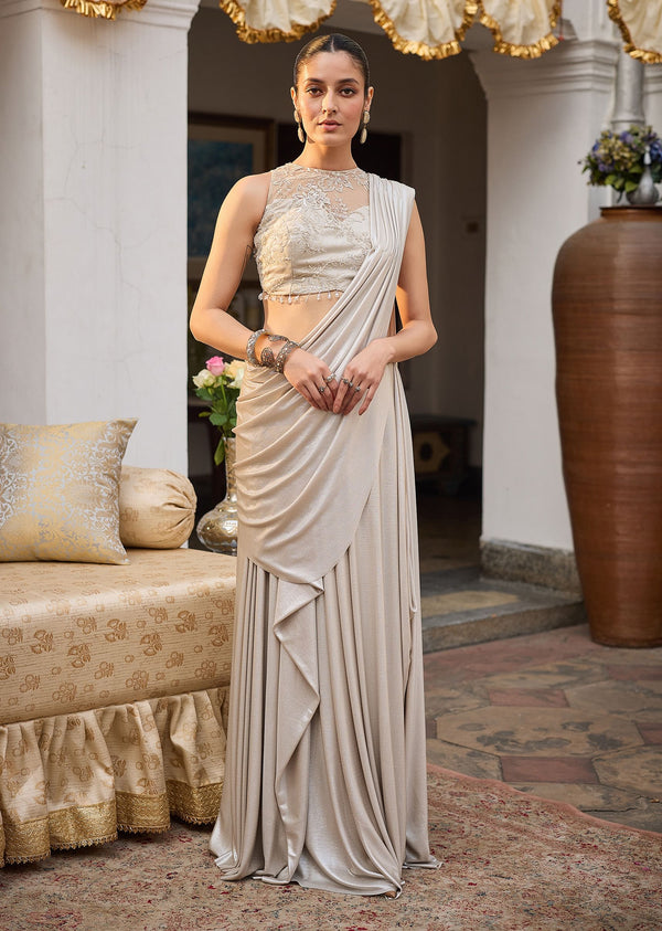 Ivory Lycra Draped Saree With Embroidered Blouse