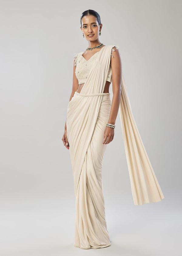 Ivory Ready Pleated Saree With Belt And Moti Work On Blouse