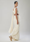 Ivory Ready Pleated Saree With Belt And Moti Work On Blouse