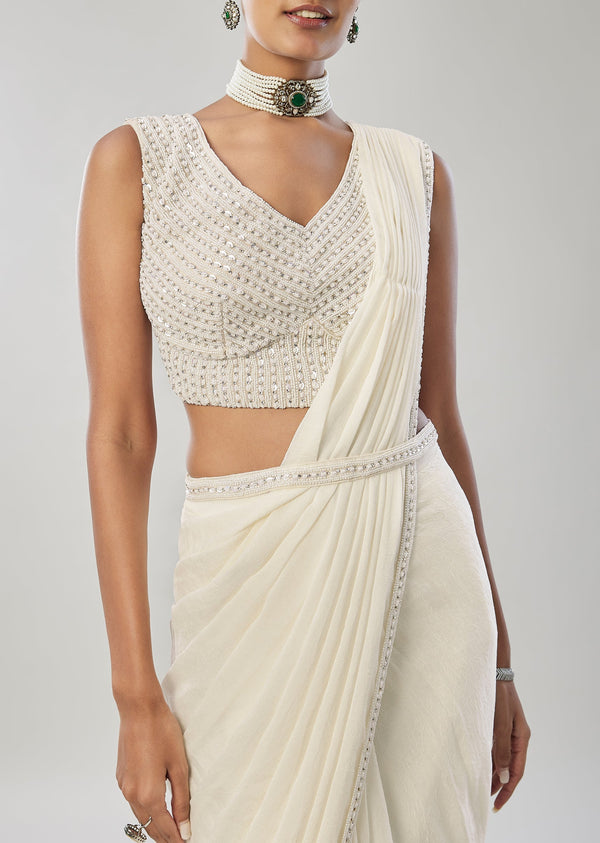 Ivory Ready Pleated Saree With Belt