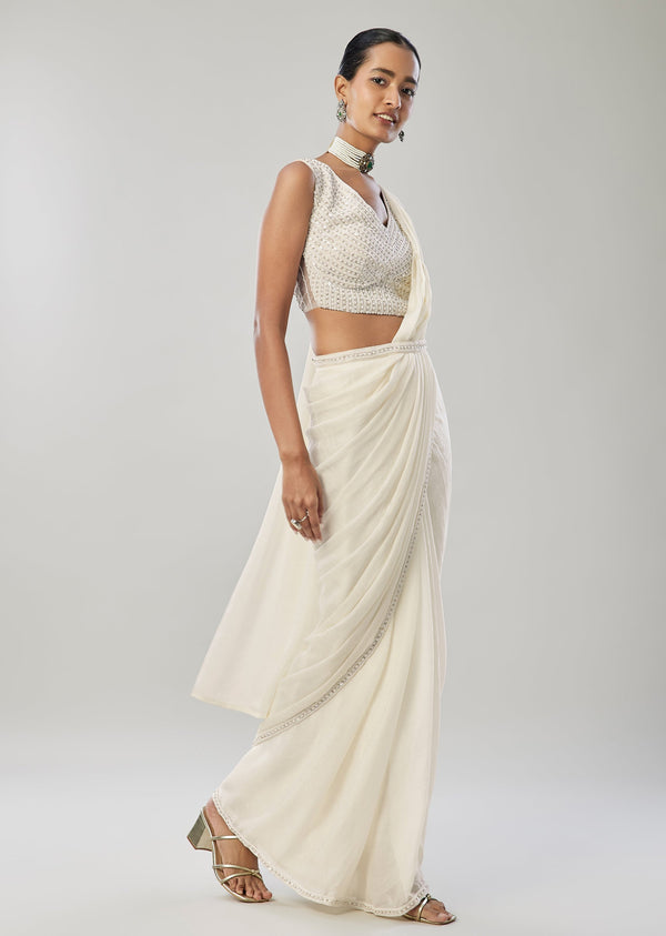Ivory Ready Pleated Saree With Belt