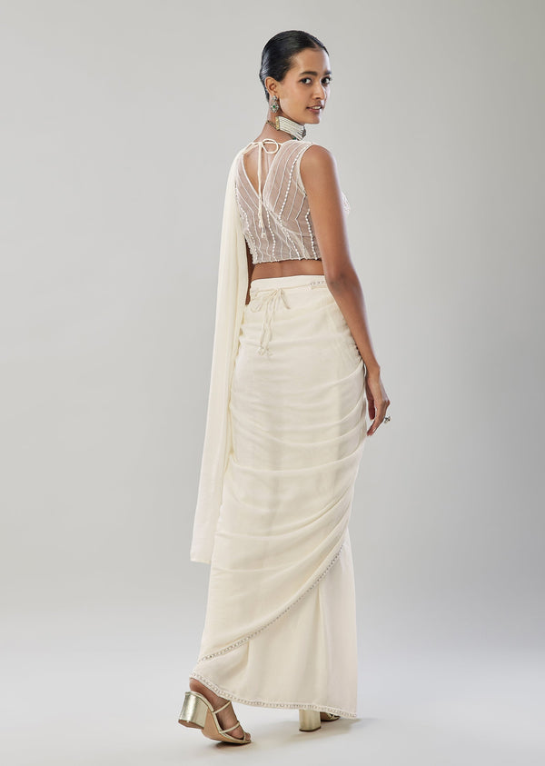 Ivory Ready Pleated Saree With Belt