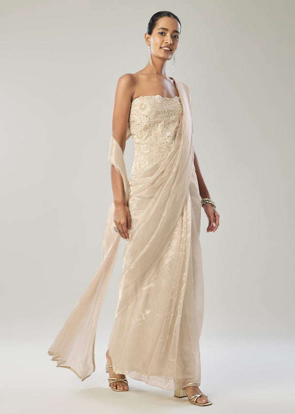 Ivory Ready Pleated Saree With Corset Blouse