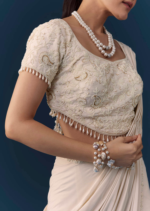 Ivory Ready Pre Pleated Saree with Moti Work Blouse