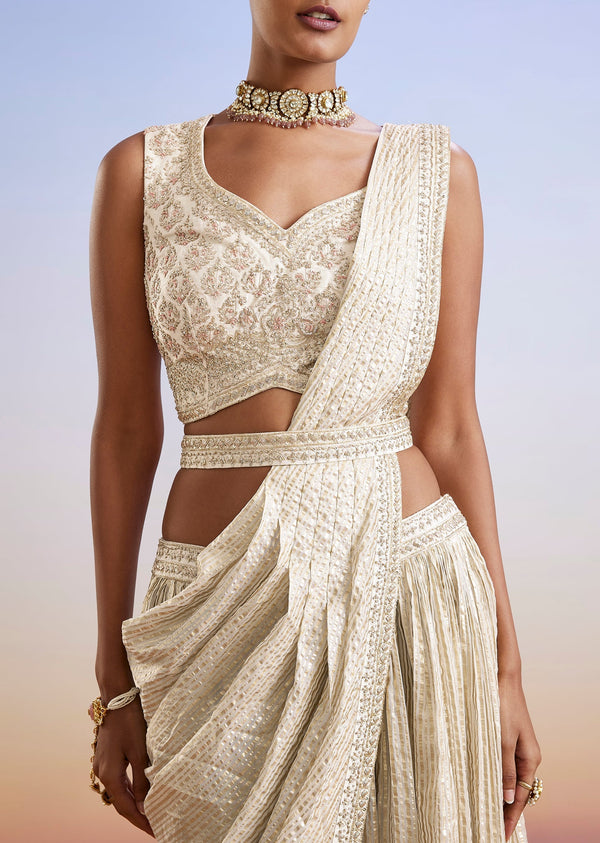 Ivory Zardosi Embroidered Ready Pleated Saree With Belt