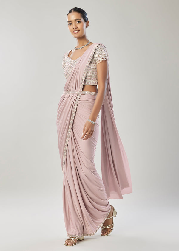 Lavender Ready Pleated Saree With Belt