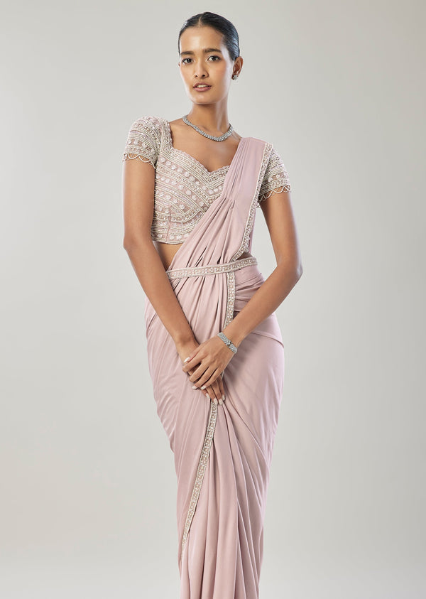 Lavender Ready Pleated Saree With Belt