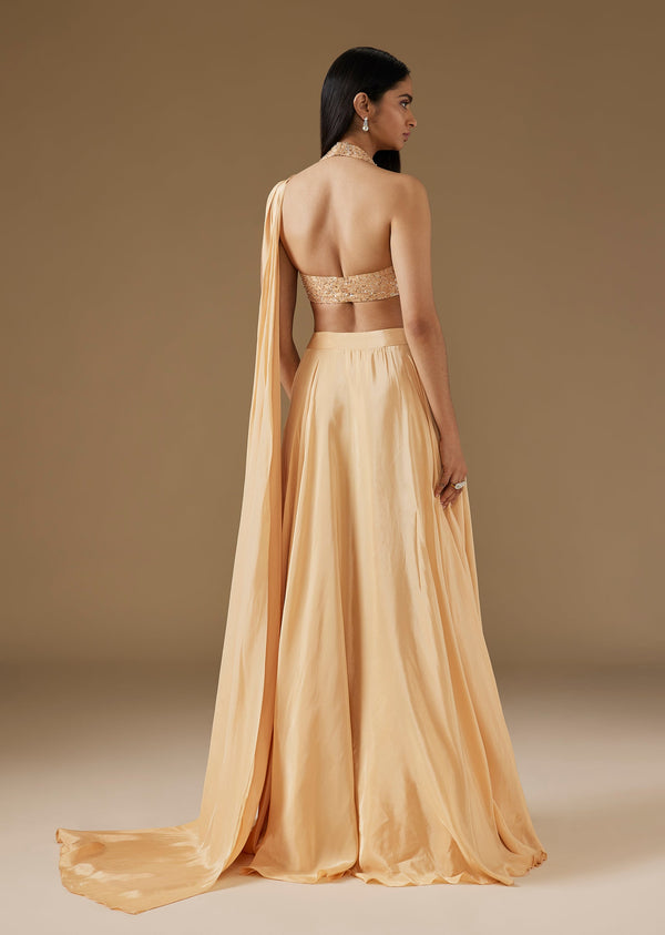 Light Yellow Ready Pleated Saree With Halter Blouse