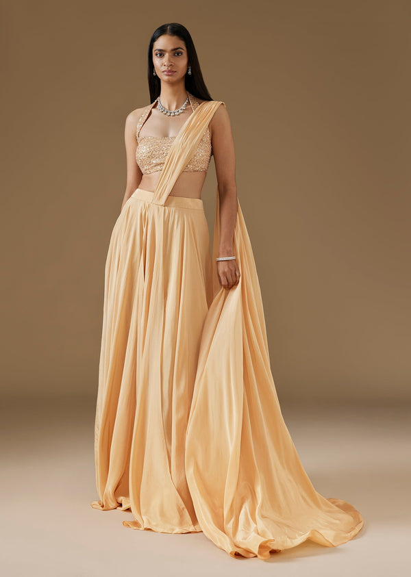 Light Yellow Ready Pleated Saree With Halter Blouse